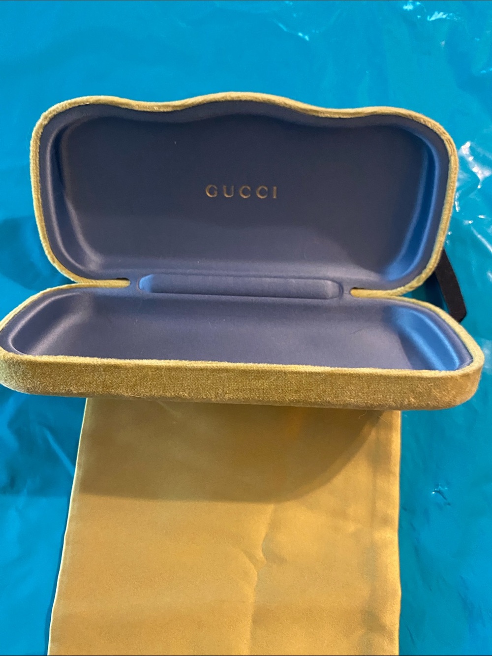 Gucci Velvet Eyeglass Case in Mustard Yellow with Blue Interior